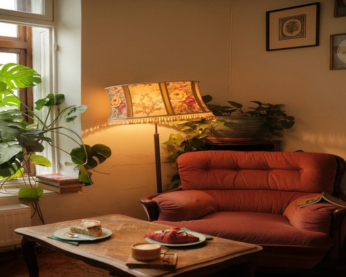 Cozy evening reading corner with warm ambient light and a book